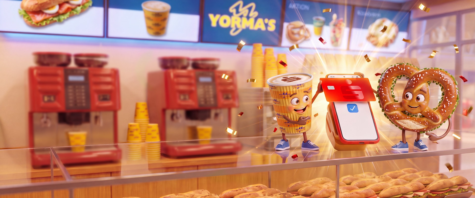 YORMA'S Theke mit Kaffeebecher und Brezel, die mit der Sparkassen-Karte bezahlen